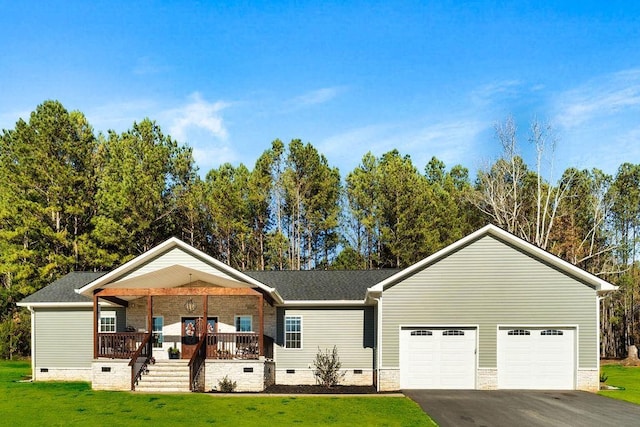 single story home featuring a porch, an attached garage, crawl space, driveway, and a front lawn