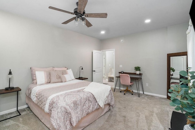 bedroom with recessed lighting, light colored carpet, ceiling fan, and baseboards