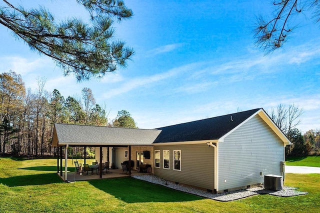 back of house with a patio, a yard, central AC, and crawl space