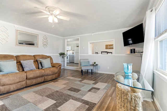 living area with baseboards, wood finished floors, a ceiling fan, and crown molding