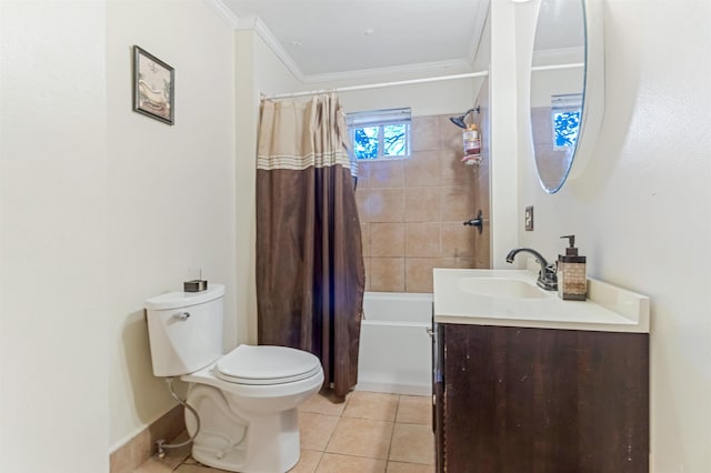 full bath featuring toilet, tile patterned floors, vanity, ornamental molding, and shower / tub combo with curtain