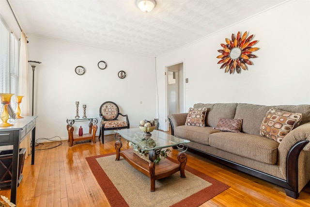 living room featuring ornamental molding and light wood-type flooring