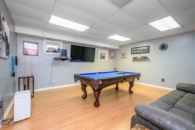 rec room featuring a paneled ceiling, billiards, light wood-style flooring, and baseboards