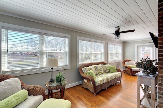 interior space featuring wooden ceiling and ceiling fan