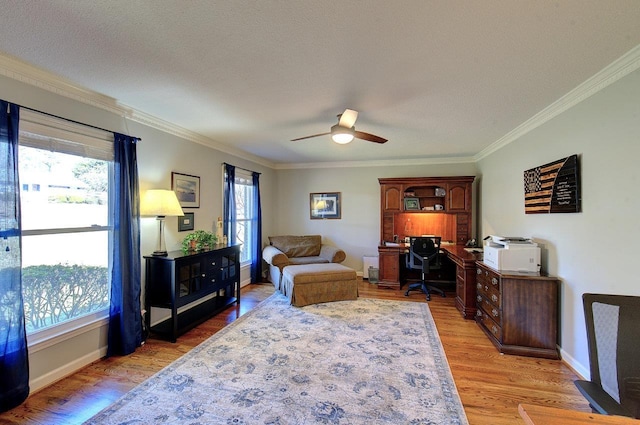 office area featuring ornamental molding, a wealth of natural light, and light wood-style floors