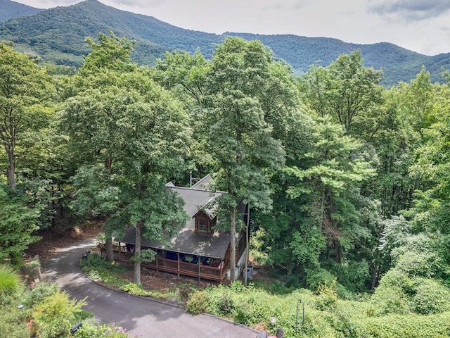 mountain view featuring a forest view