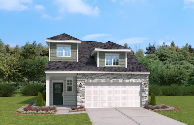 view of front of home featuring stone siding, concrete driveway, roof with shingles, and a front yard