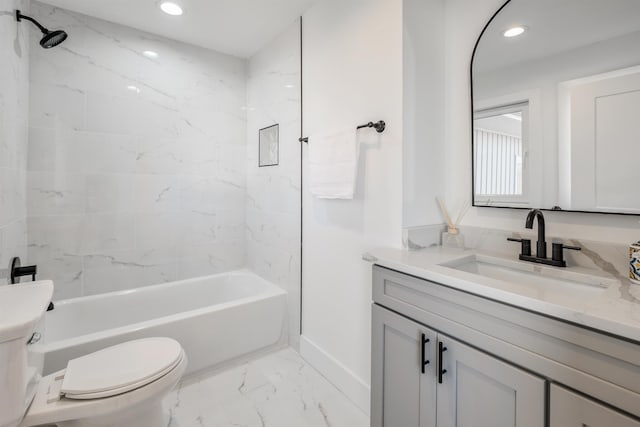 full bath with marble finish floor, vanity, toilet, and recessed lighting