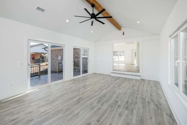 unfurnished living room featuring recessed lighting, visible vents, lofted ceiling with beams, light wood-style floors, and ceiling fan