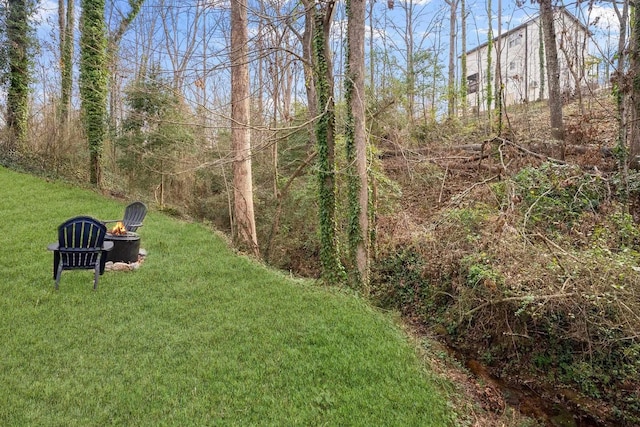 view of yard with a fire pit