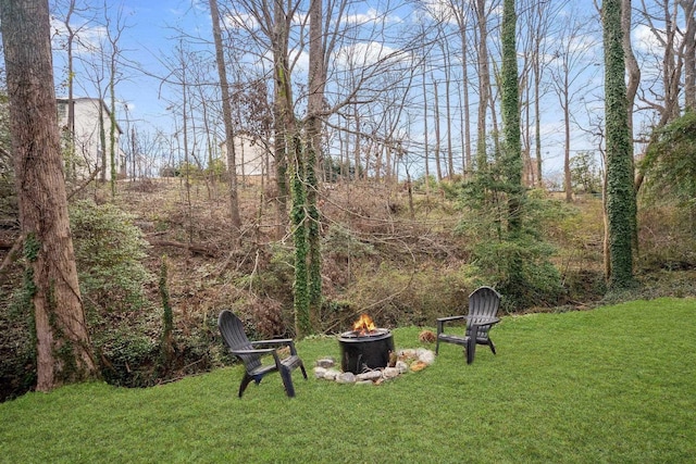 view of yard with a fire pit