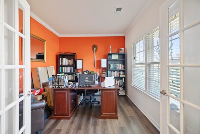 office area featuring dark wood finished floors, french doors, visible vents, and crown molding