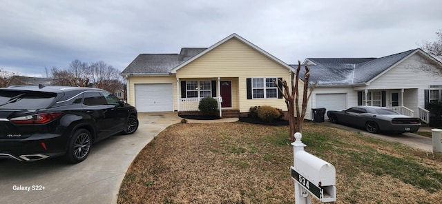 ranch-style home with a garage, covered porch, and concrete driveway