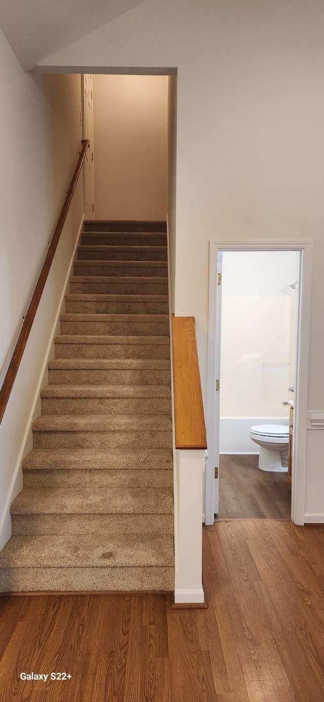 staircase featuring vaulted ceiling and wood finished floors