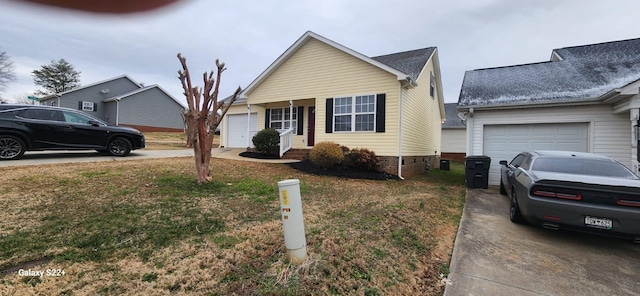 view of front of house featuring a garage, a front lawn, and concrete driveway