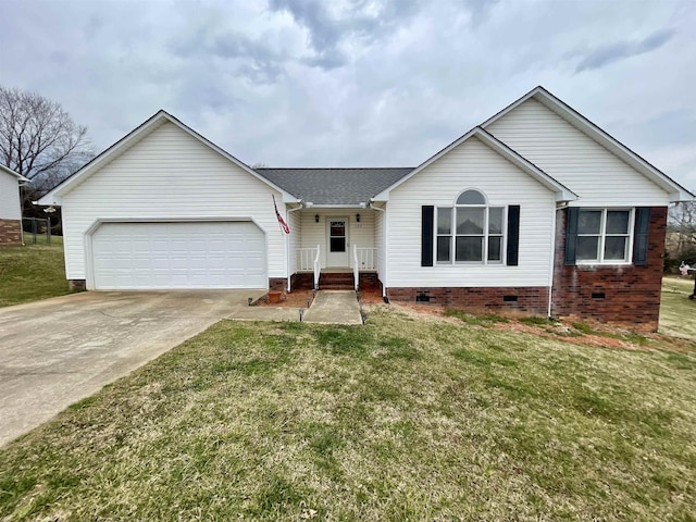 single story home with a shingled roof, concrete driveway, crawl space, an attached garage, and a front lawn