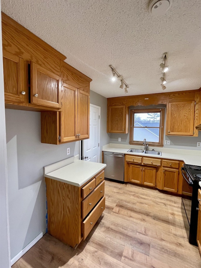 kitchen featuring brown cabinetry, light wood-style flooring, a sink, black range with electric cooktop, and stainless steel dishwasher