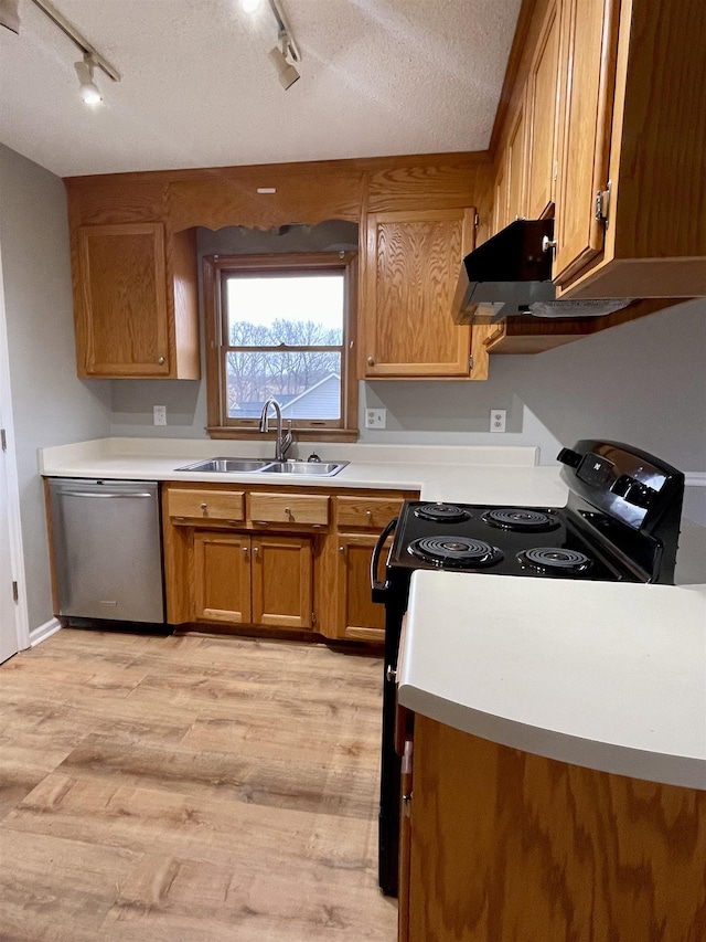 kitchen with brown cabinets, extractor fan, black electric range, stainless steel dishwasher, and a sink