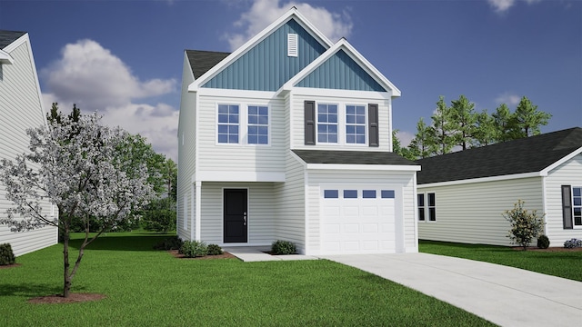 view of front of home featuring an attached garage, driveway, board and batten siding, and a front yard