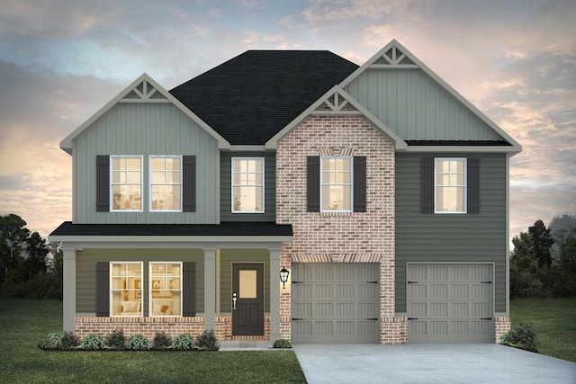 craftsman house with an attached garage, concrete driveway, brick siding, and a porch