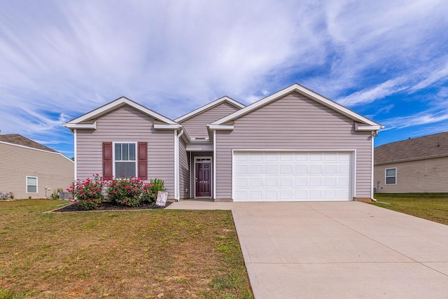 single story home with concrete driveway, an attached garage, a front lawn, and central AC unit