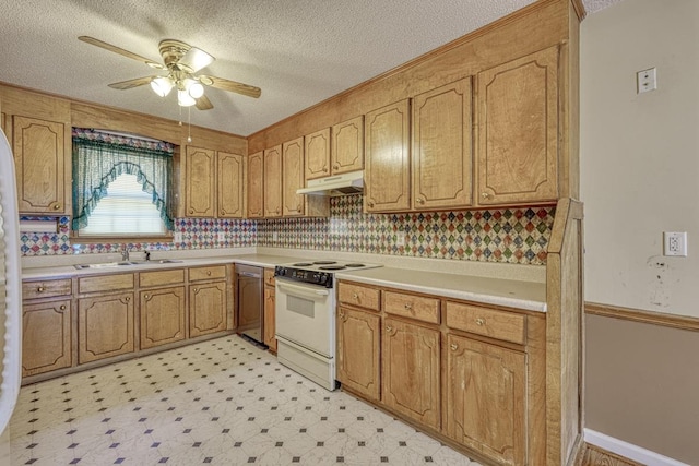 kitchen featuring dishwasher, light countertops, white electric range, light floors, and a sink