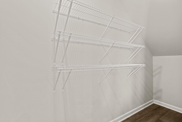 spacious closet featuring lofted ceiling and wood finished floors