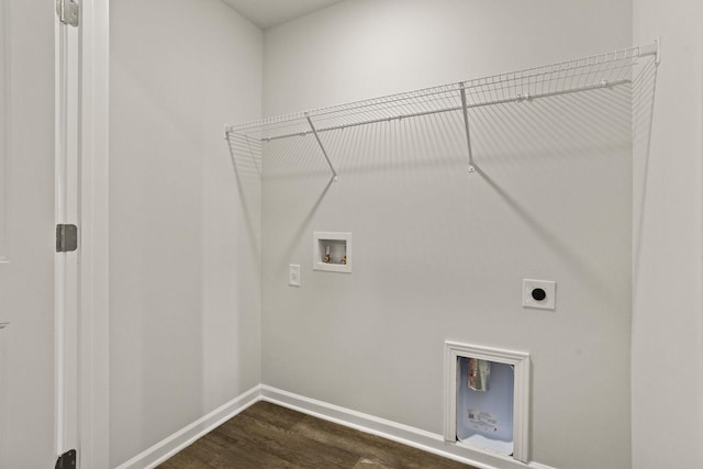 laundry room featuring laundry area, washer hookup, baseboards, dark wood finished floors, and electric dryer hookup