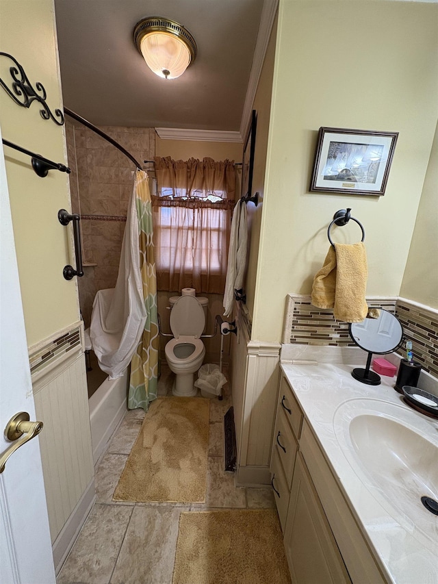 full bathroom with toilet, vanity, ornamental molding, radiator, and shower / bath combo