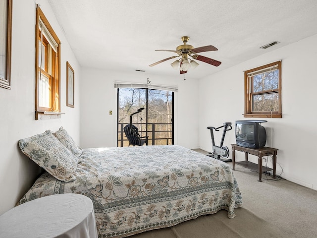 bedroom featuring multiple windows, carpet flooring, visible vents, and access to exterior