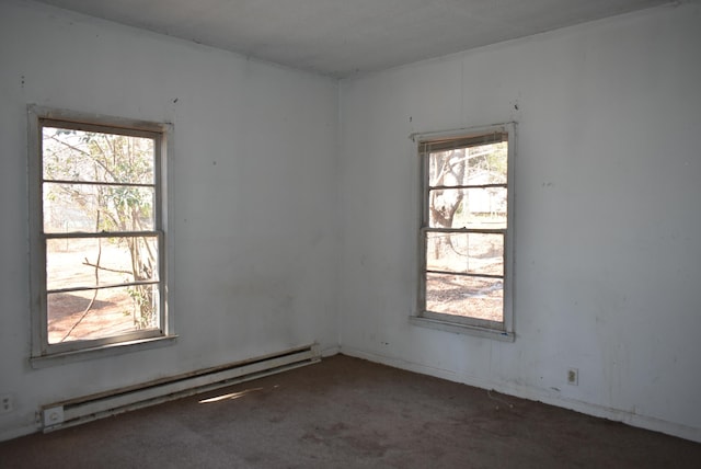 carpeted empty room featuring baseboard heating