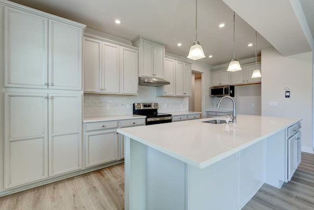 kitchen featuring under cabinet range hood, light wood-style flooring, stainless steel appliances, and a sink