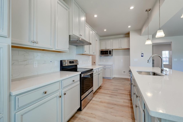 kitchen featuring under cabinet range hood, tasteful backsplash, stainless steel appliances, and a sink