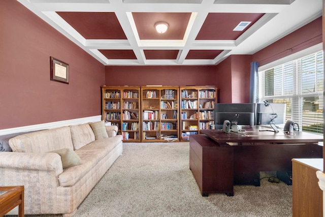 office area featuring carpet floors, beam ceiling, visible vents, and coffered ceiling