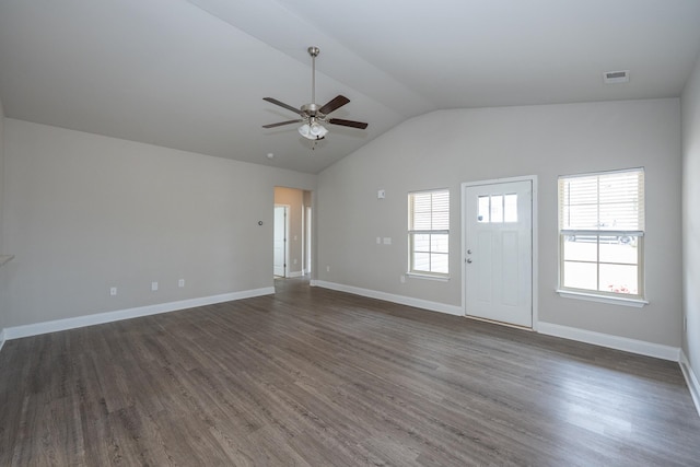 unfurnished living room with vaulted ceiling, dark wood finished floors, visible vents, and baseboards