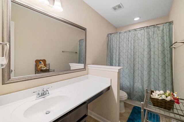 full bath with a shower with curtain, visible vents, toilet, vanity, and tile patterned flooring