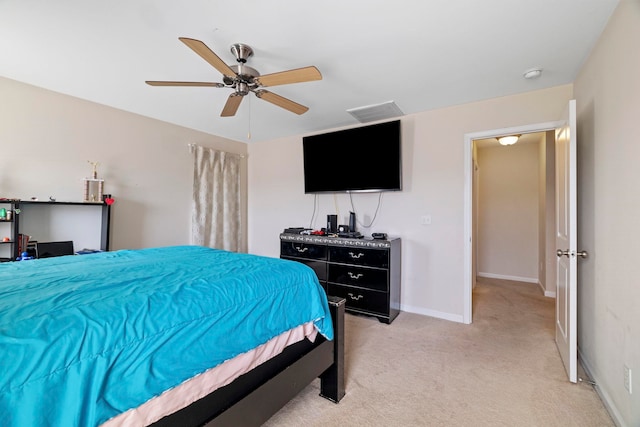 bedroom featuring light carpet, ceiling fan, visible vents, and baseboards