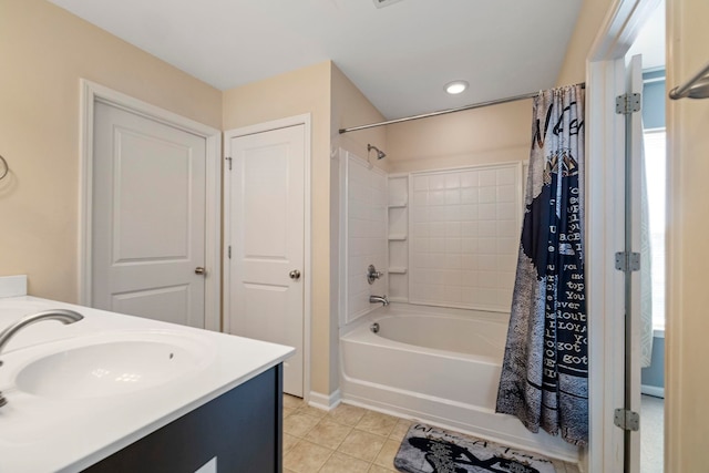 bathroom featuring shower / bath combination with curtain, tile patterned flooring, and vanity