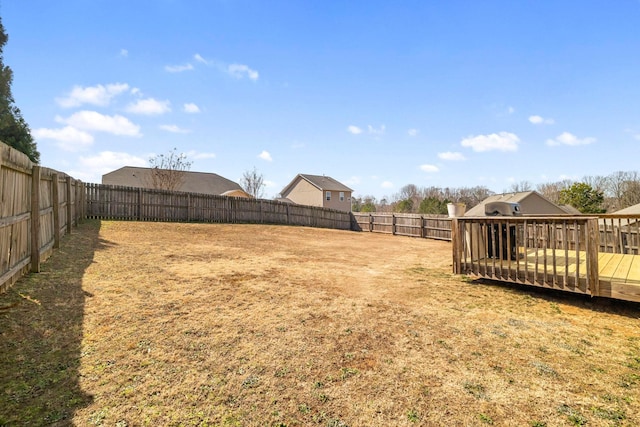 view of yard with a deck and a fenced backyard