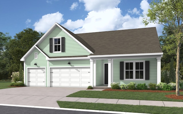 traditional home featuring driveway, roof with shingles, and a front yard