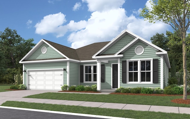 view of front of home with driveway, a front lawn, and an attached garage