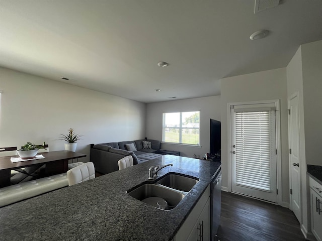 kitchen with visible vents, a sink, dark stone counters, dark wood-style floors, and stainless steel dishwasher