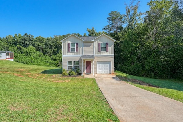 traditional home with an attached garage, concrete driveway, board and batten siding, and a front yard