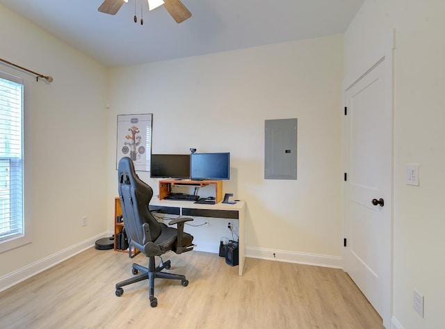 office space with a ceiling fan, electric panel, baseboards, and wood finished floors