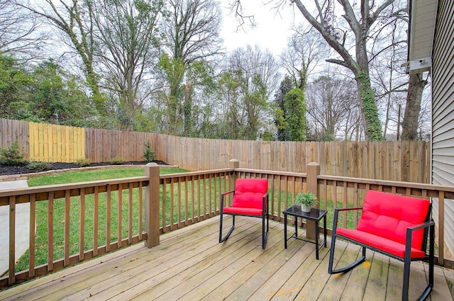 wooden deck with a fenced backyard and a yard