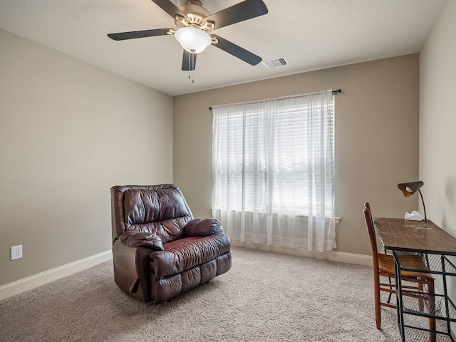 sitting room with carpet floors, a textured ceiling, and baseboards