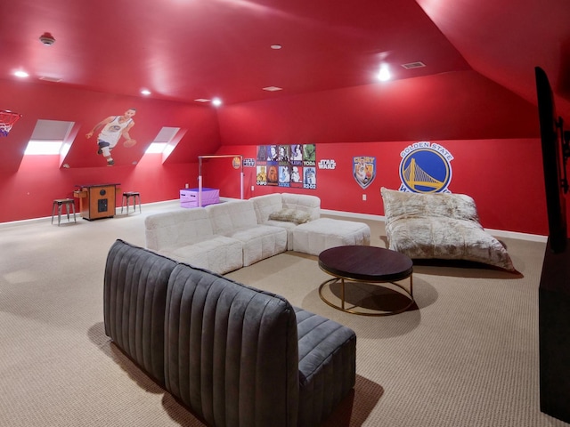 home theater with lofted ceiling, baseboards, visible vents, and carpet flooring