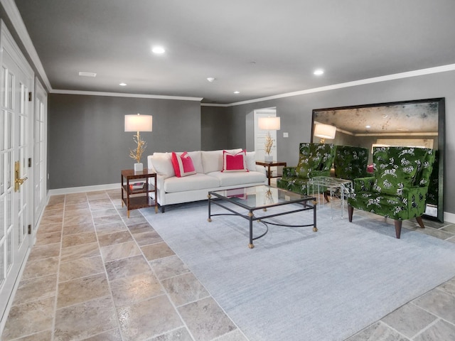 living area with crown molding, stone finish flooring, baseboards, and recessed lighting