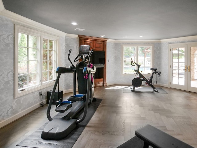 exercise room with visible vents, baseboards, ornamental molding, french doors, and wallpapered walls