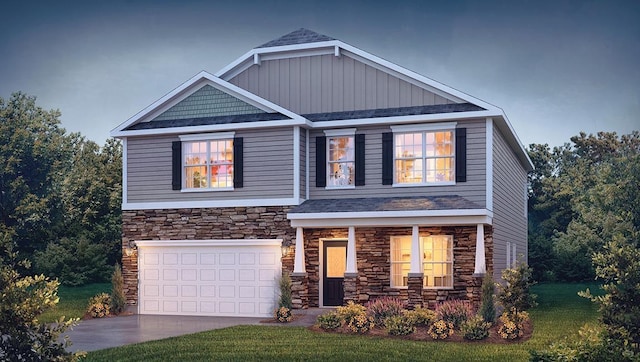 craftsman-style house with an attached garage, stone siding, covered porch, and concrete driveway